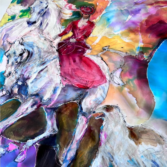 Silk Scarf Hand Made Art To Wear Signed 35 By 69 Inches Horses Dog Victorian - Picture 5 of 14